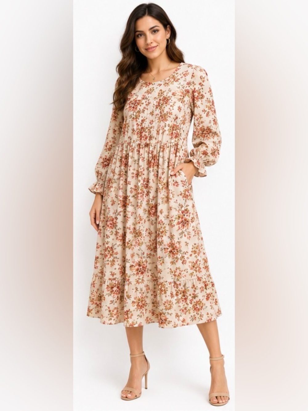 Polagram NWT Cream Floral Tiered Midi Dress Puff Sleeve Small